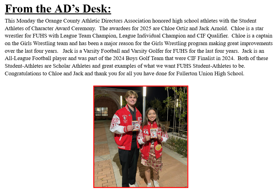 Announcement regarding the Student Athletes of Character Award